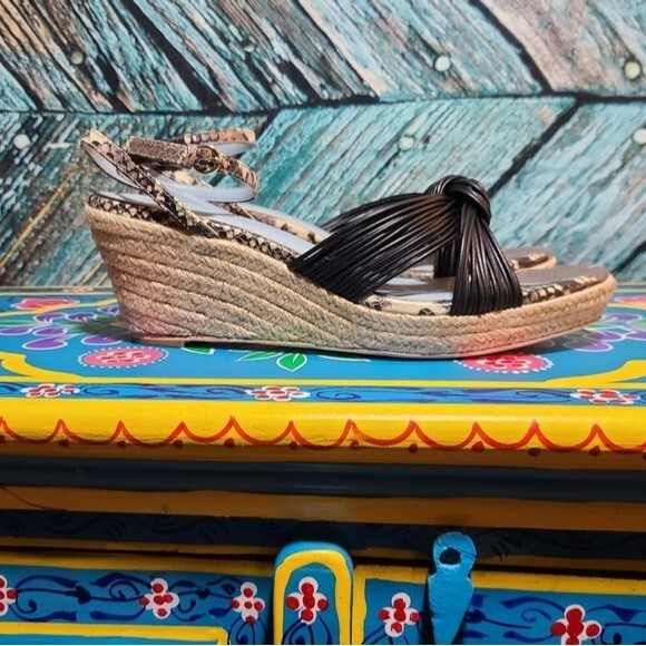 Frances Valentine NIB Size 10 Black Snake Print Leather Espadrille Sandals - Picture 8 of 12